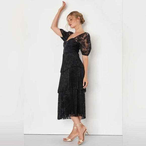 Lulus Posh Delight Black Floral Jacquard Pleated Midi Dress S Wedding Party - Picture 3 of 10